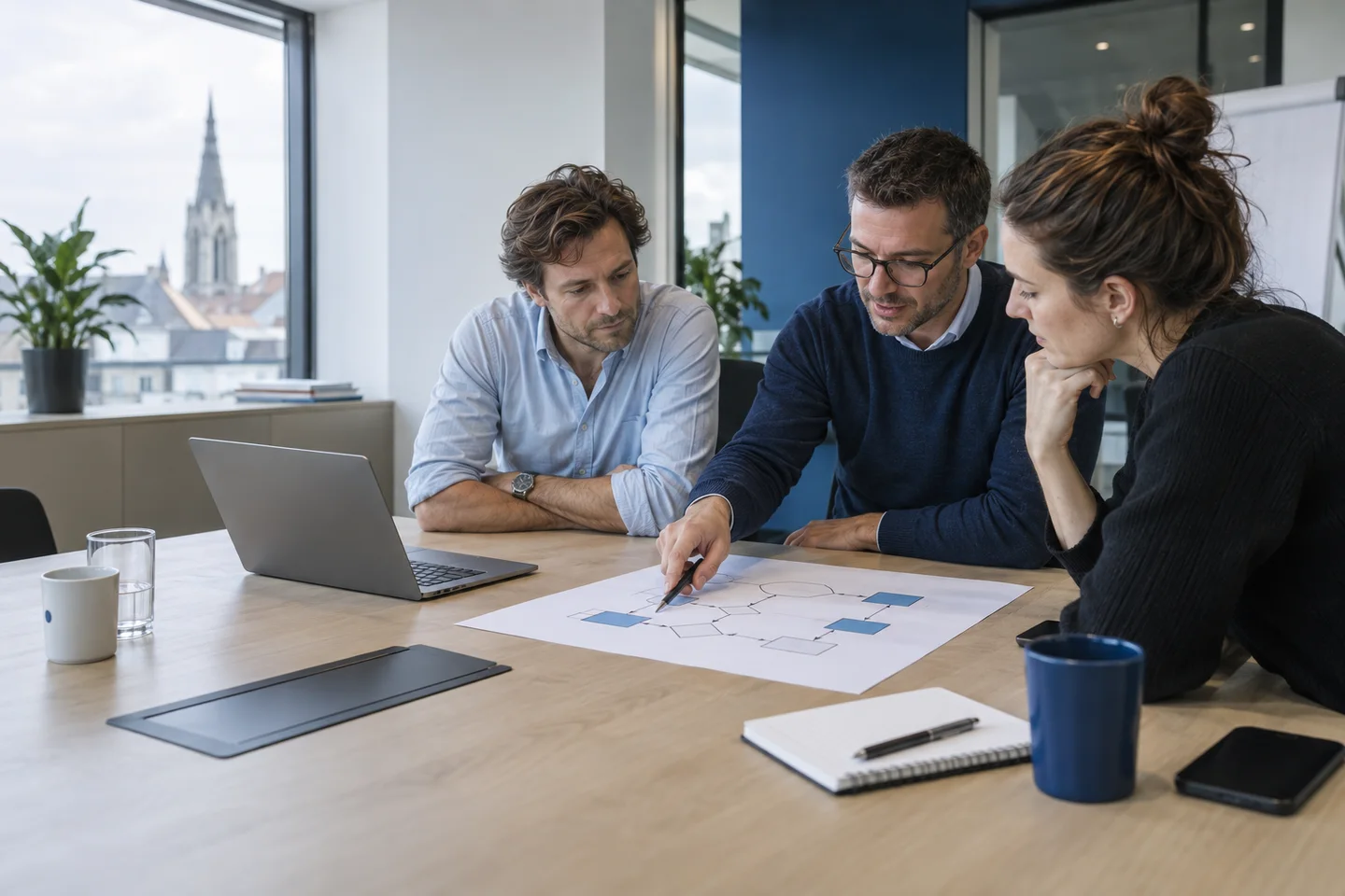 Team bespreekt een praktische AI-workflow aan de hand van een procesdiagram
